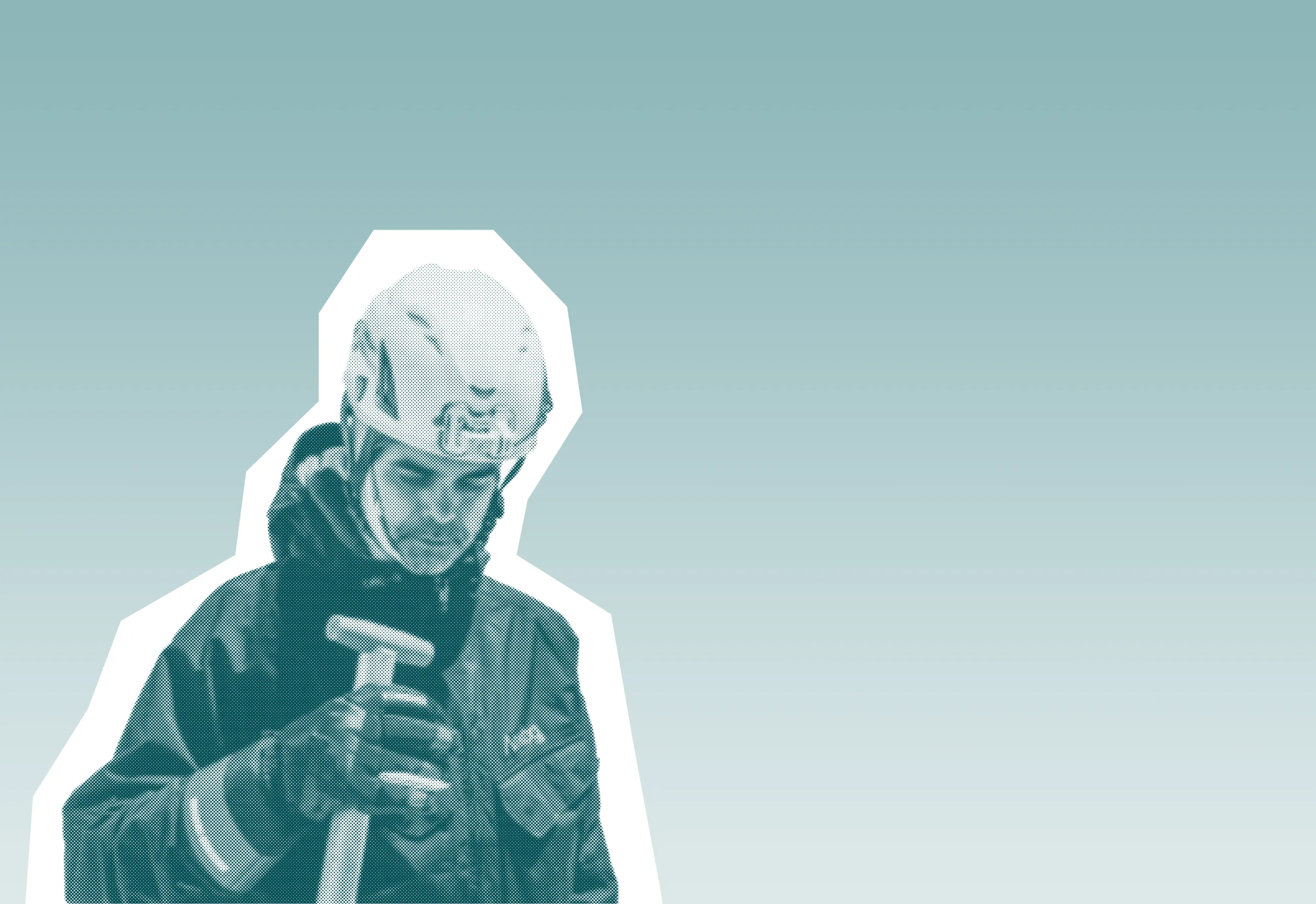 Group of colleagues greeting each other in a stylized blue duotone treatment